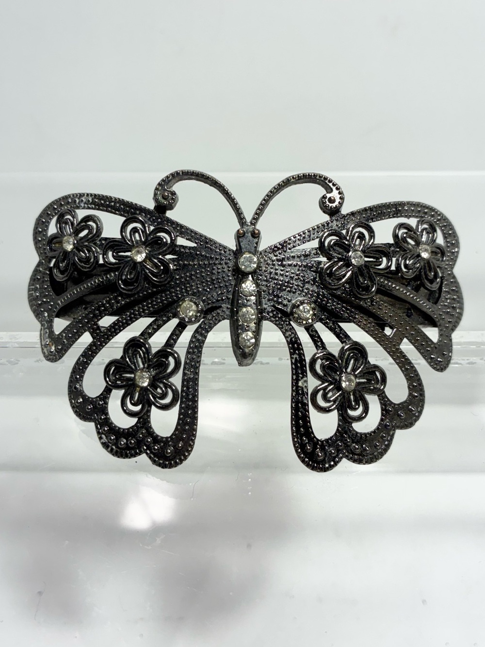 Y2K VTG Gunmetal Rhinestone Butterfly Hair Barrette Curved Floral 3.75”